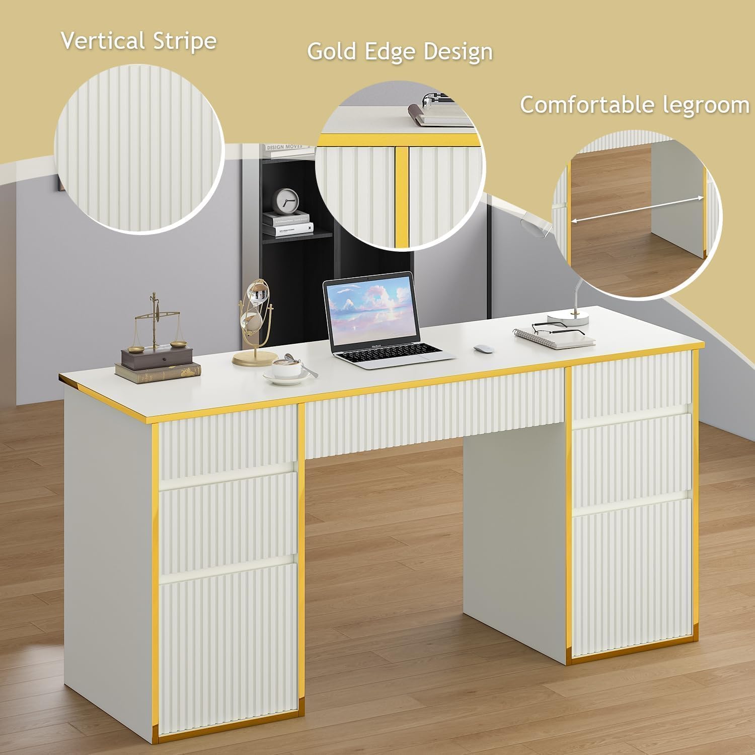 DreamCurship 58 inch Executive Desk with Drawers, Computer Desk with 7 Drawers, Home Office Desk for Work Study Writing, White and Gold