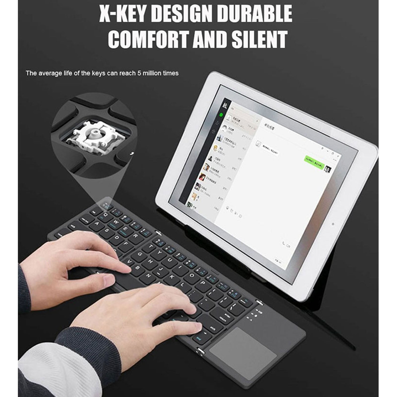 PPgejGEK Mini Folding Keyboard Wireless Portable Universal Foldable with Touchpad for Android iOS Tablet Bluetooth 3.0 30.4x9.7x0.6cm/11.97x3.82x0.24in Unfolded