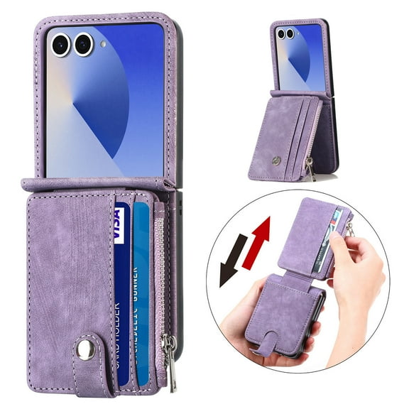 Dteck for Samsung Galaxy Z Flip 7 Case with Detachable Wallet Card Holder, Zipper Pocket PU Leather Removable Phone Cover for Samsung Z Flip7 2025,Purple