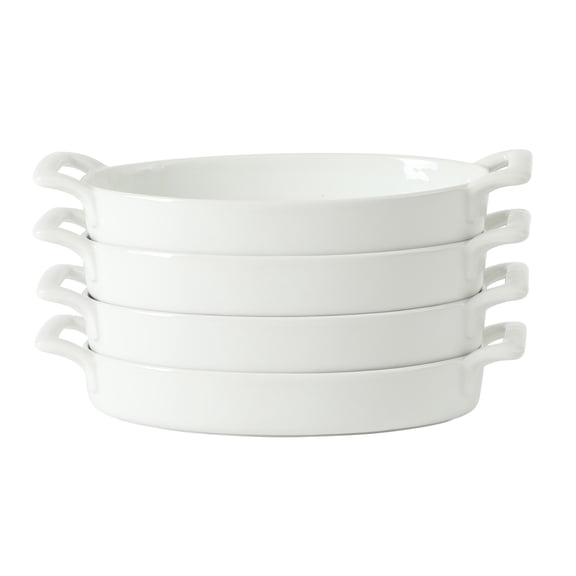 Gibson Home Gracious Dining Oval Au Gratin Baking Dishes, 4-Piece Set – 15 oz Oven Safe Ceramic Small Casserole Dishes with Handles, Microwave & Dishwasher Safe Mini Bakeware, White
