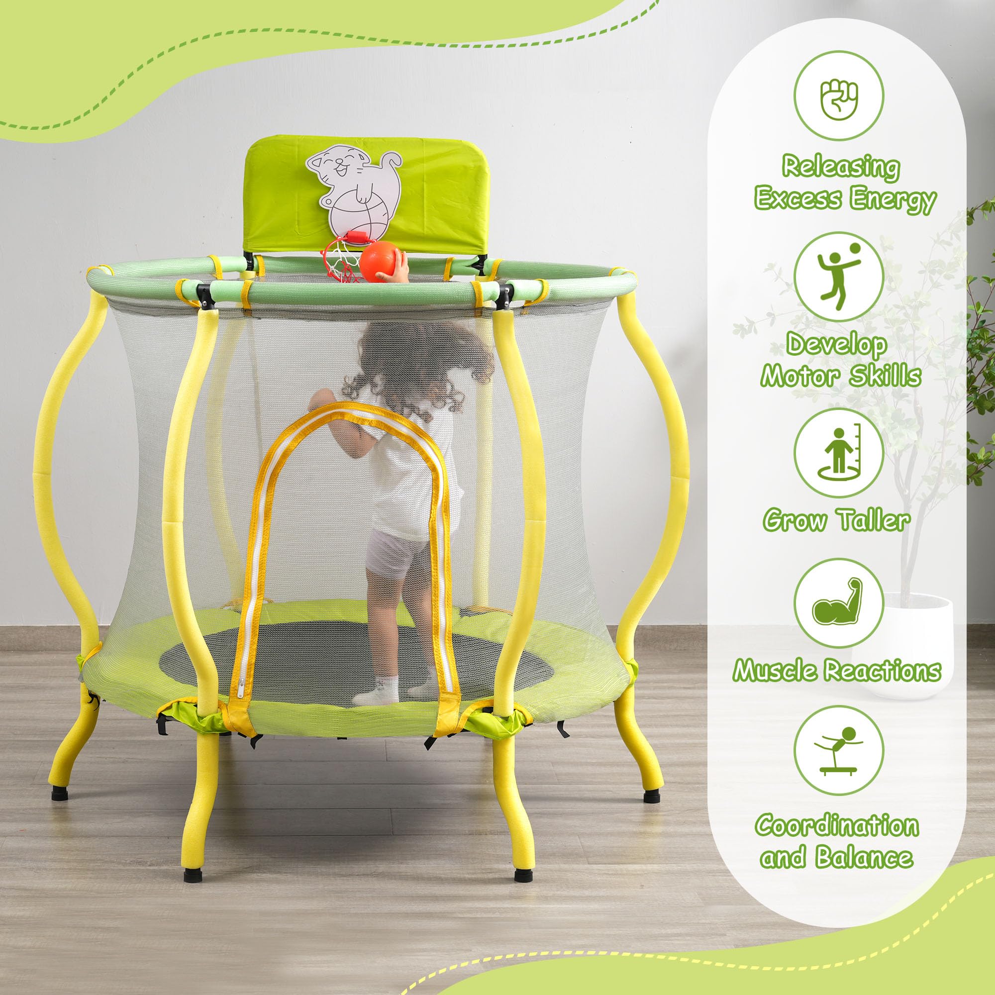 Leuco 48" Kids Trampoline, Toddler Trampoline with Safety Enclosure, Mini Trampoline with Basketball Frame and No Gap Design, Indoor/Outdoor Gift for 1-8 Year Olds