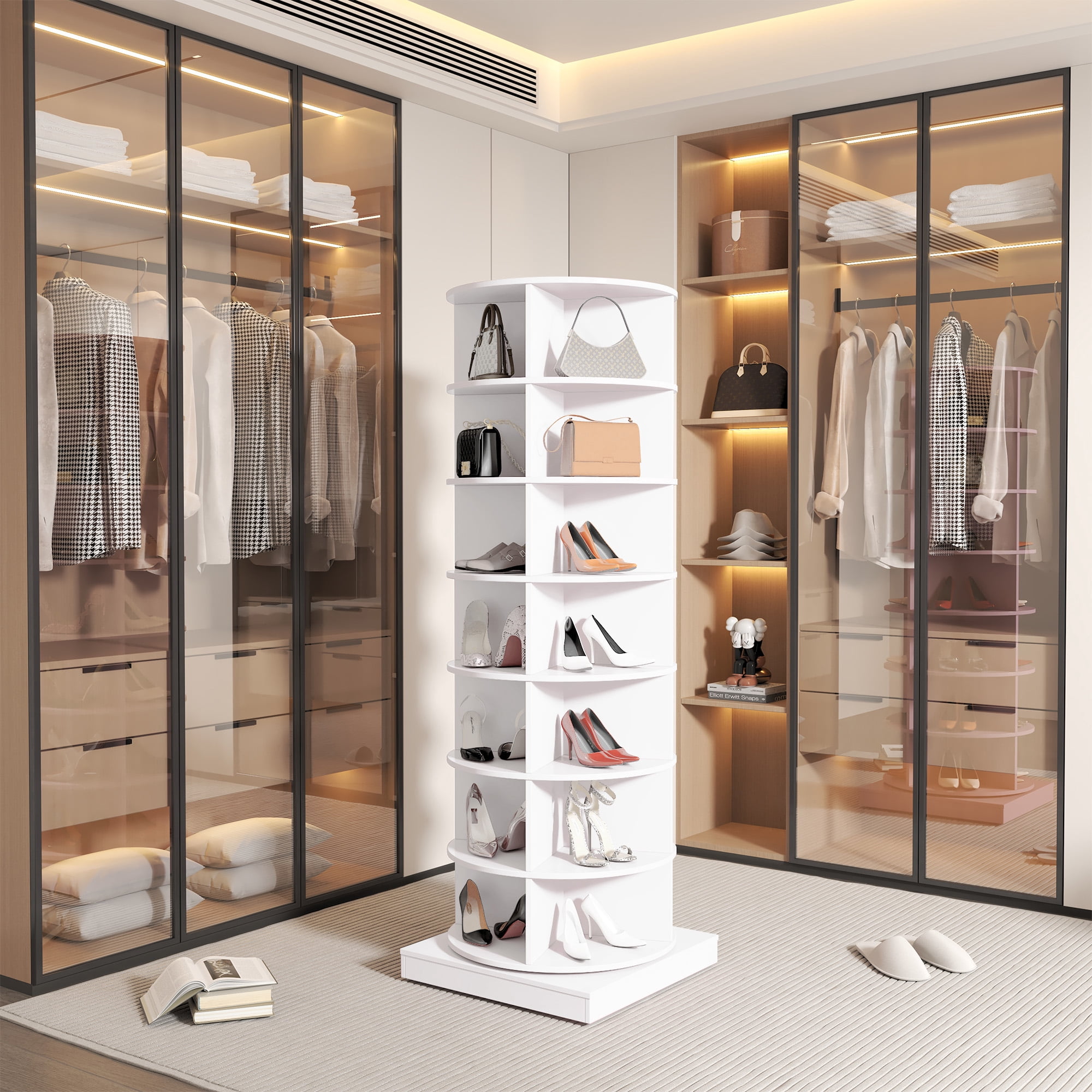 Aukfa 7-Tier Rotating Shoe Rack Tower, 360° Spinning Shoe Display Closet Organizer, White