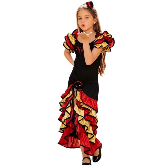 Kids Girls Dance Dress Spanish Short Sleeve Color Block Ruffles Tiered Irregular Hem Dresses For Stage Performance,Black,L