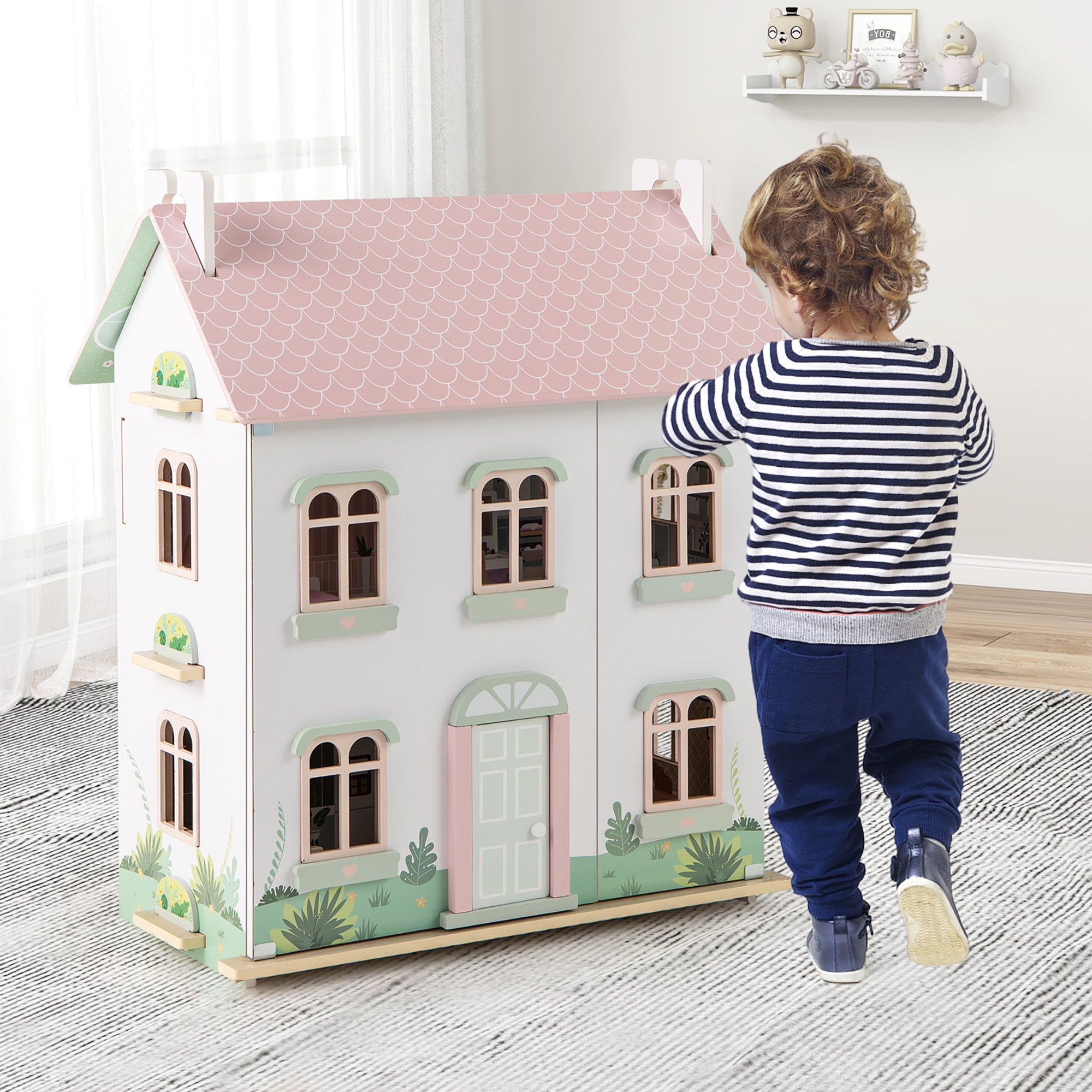 Gymax Kids Wooden Dollhouse w/ Double-Sided Roofs & Openable Doors
