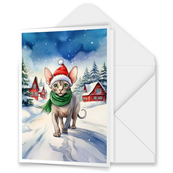 Hello Winter Sphynx Frosty Morning Walk Welcome Snowy Christmas 5x7in Folded Greeting Card Cat Lover Kitten Owner Gifts Idea Single Note Card with Envelope - 02018