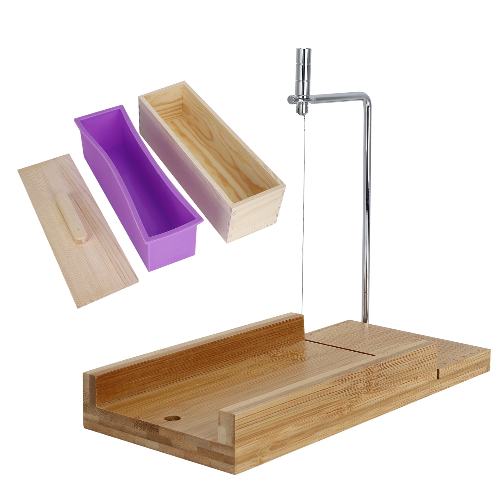 Yajisi Professional Adjustable Bamboo Wood Soap Cutter Mold Set with Purple Silicone Loaf Mold and Lid, Multi-Functional DIY Handmade Soap Making Tool Kit (11.1 x 3.1 x 3.5 inches / 28.2 x 8 x 9 cm)