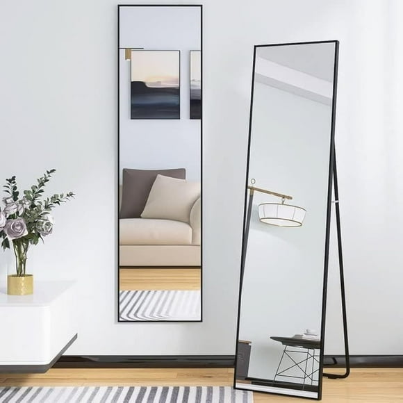 Beauty4U 59" x 16" Tall Full Length Mirror with Stand, Black Wall Mounting Full Body Mirror, Metal Frame Full-Length Tempered Mirror for Living Room, Bedroom
