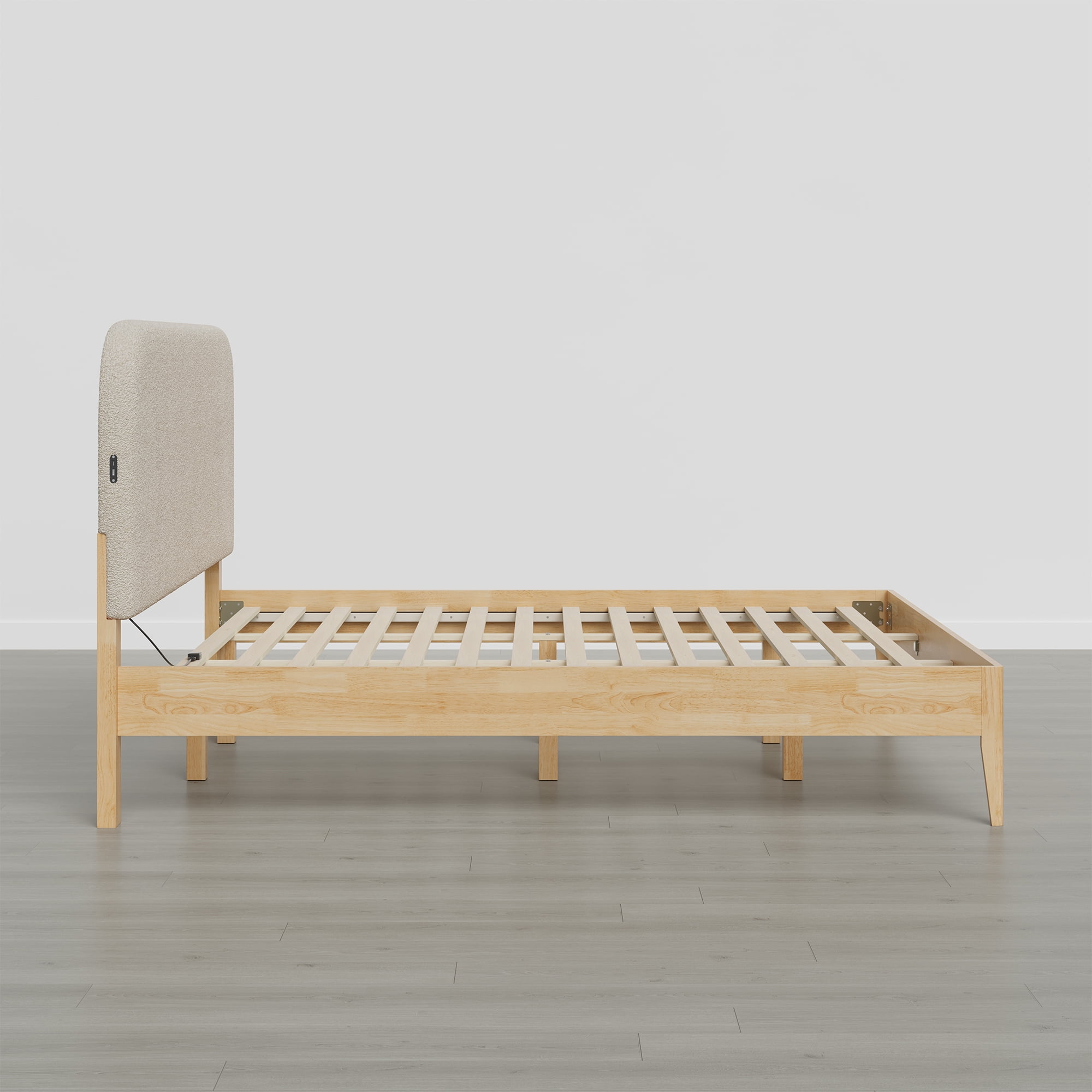 Spruce & Spring Modern King Bed Frame with Bouclé Headboard and Charging Ports, Oatmeal