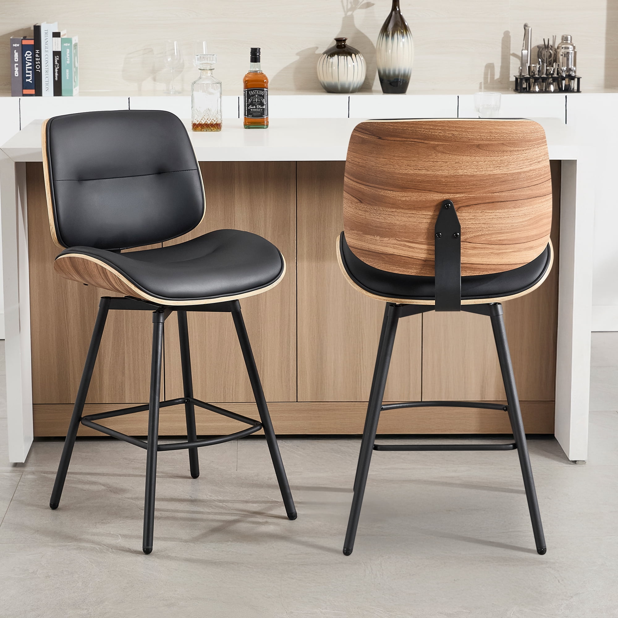 Counter Height Bar Stools Set of 2, 26" Swivel PU Leather Upholstered Bar Stools with Walnut Backs and Metal Legs, Retro Counter Stools for Kitchen Island, Dining Room, Pub, Black