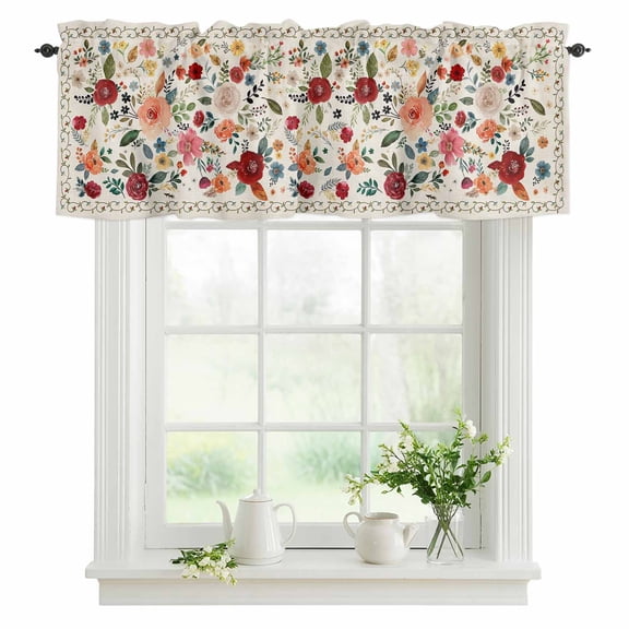 Beige Floral Valances for Windows, Rod Pocket Kitchen Valance Curtains - Soft & Washable Small Window Treatment for Living Room, Bathroom, Farmhouse Vintage Flower 54x18inch, 1 Panel