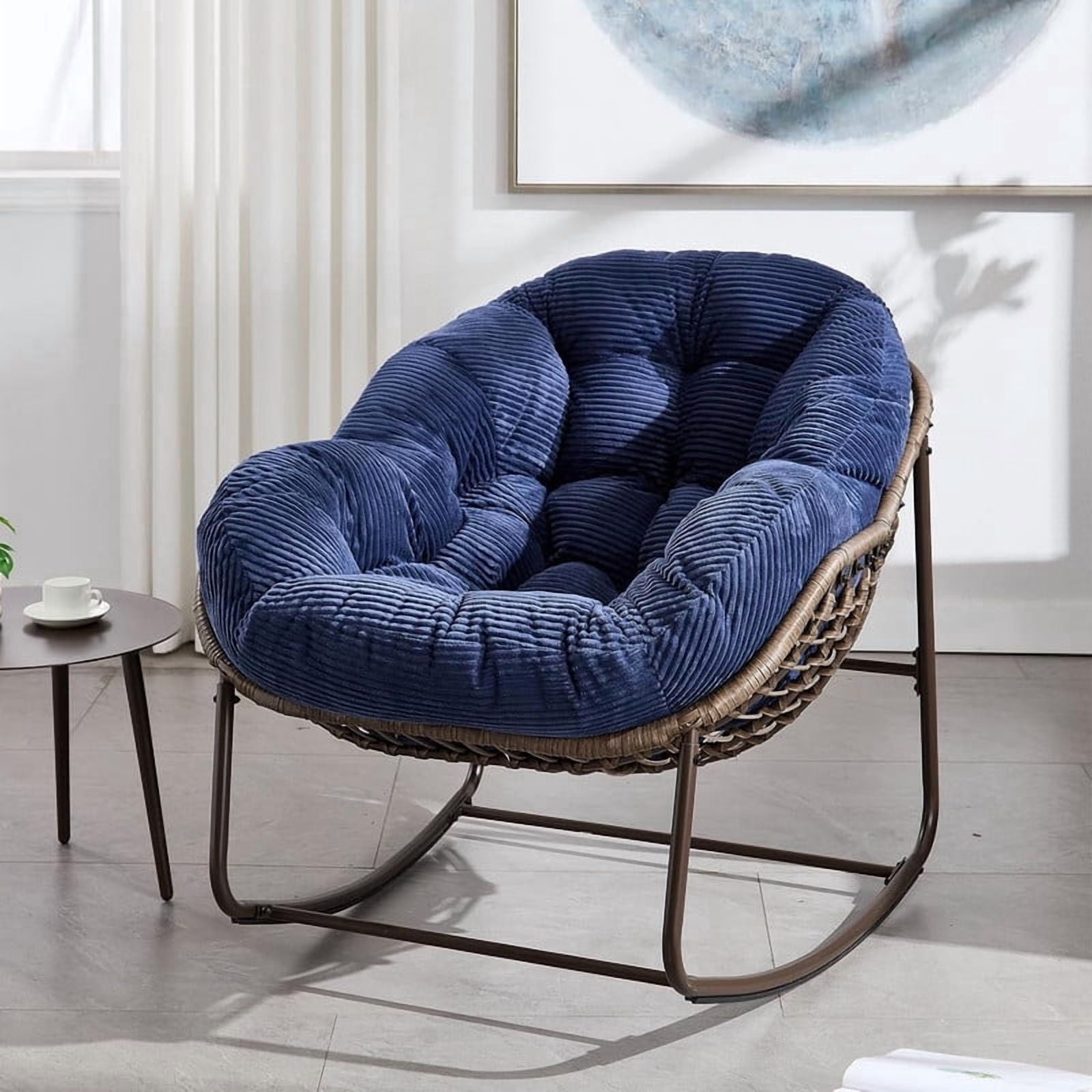 Outdoor Rattan Rocking Chair, Rocking Papasan Chair with Thick Cushion, Comfy Wicker Egg Chairs Lounge Recliner Chair, Padded Cushion Rocker