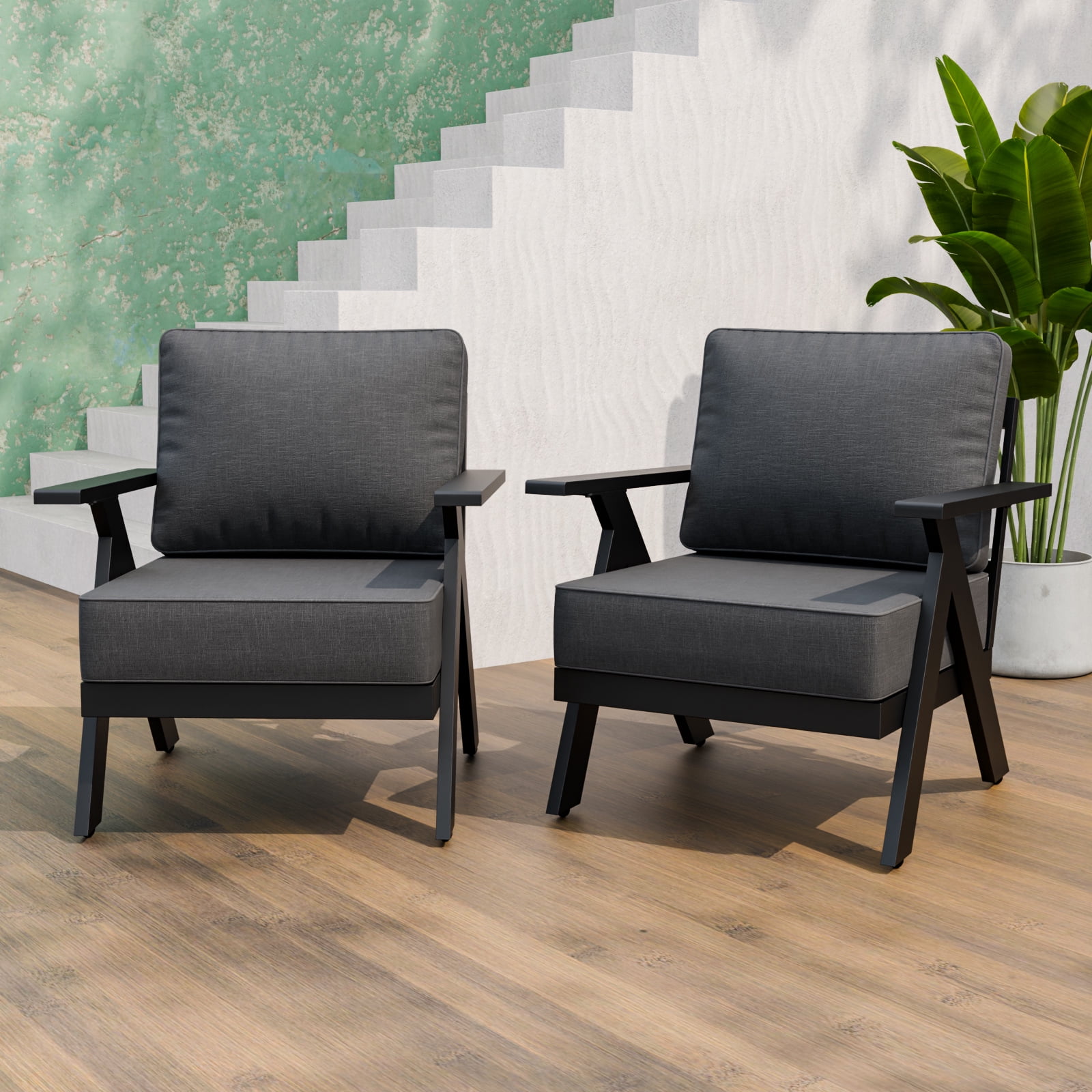 INTER HUT Urban Anvil 2 Pieces Patio Furniture Outdoor Metal Armchairs, All-Weather Patio Accent Chairs with Cushions, Black/Gray