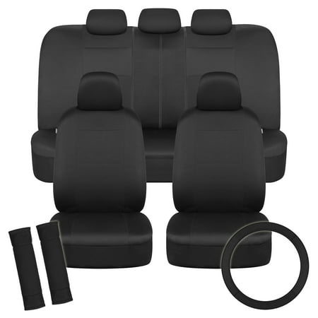 BDK PolyPro Car Seat Covers Full Set in Solid Black with Steering Wheel Cover & Seat Belt Pads – Front and Rear Split Bench Car Seat Cover, Easy to Install, Interior Covers for Auto Truck Van SUV
