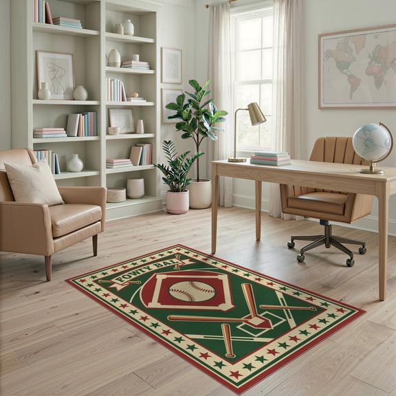 ODIKA Field Vintage Sport Emblem With Star Border And Diamond Layout Baseball Flowing Pet Friendly & Kids Safe Play for Playroom, Bedroom, Reading Nook