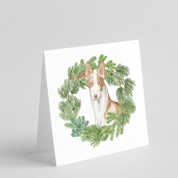 Ibizan Hound Sitting Tall with Christmas Wreath Square Greeting Cards and Envelopes Pack of 8 5 in x 5 in