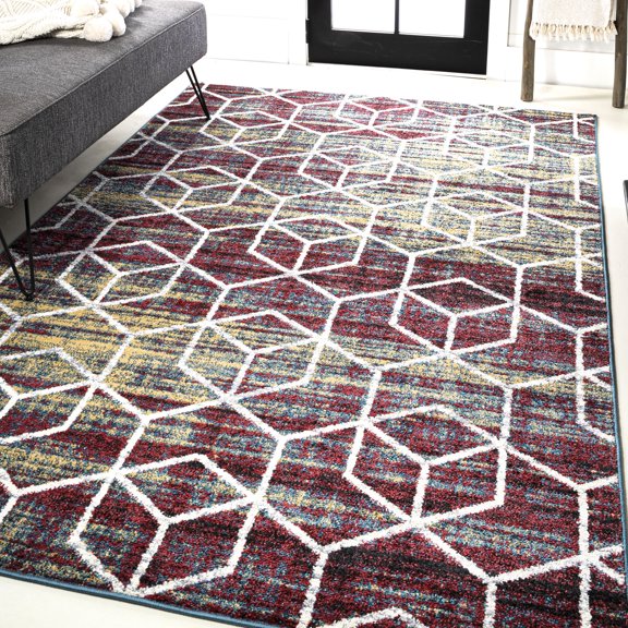 JONATHAN Y SUPERSOFT 3 x 5 Area Rug, Tumbling Blocks Geometric - Multi/White, SEU101J-3