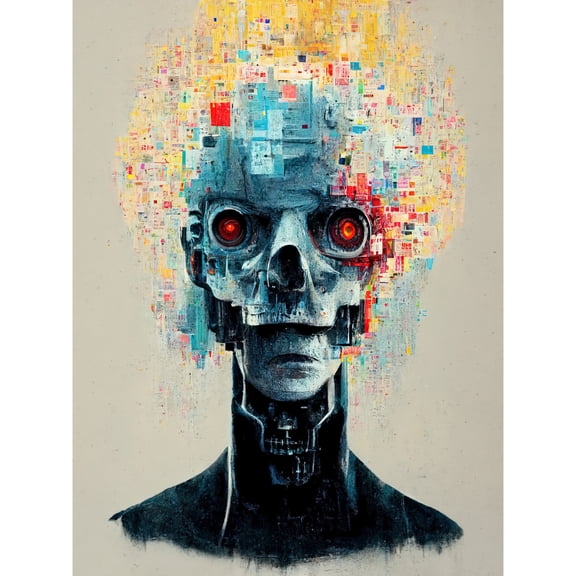 Android Cyborg AI Skull With Infrared Eyes Unframed Wall Art Print Poster Home Decor