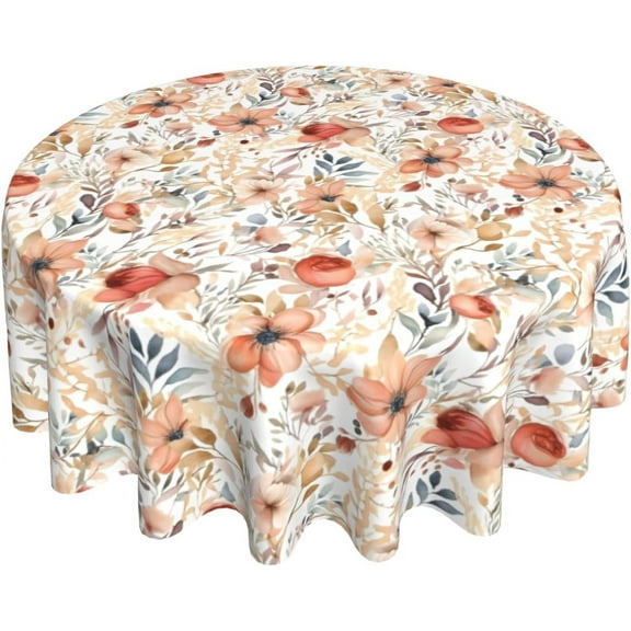 Fall Flowers Tablecloth Round 60 inch,Orange Autumn Floral Leaves Farmhouse Decorative Table Cloth Washable Wrinkle Resistant for Kitchen Dining Room Party Picnic Harvest Decor