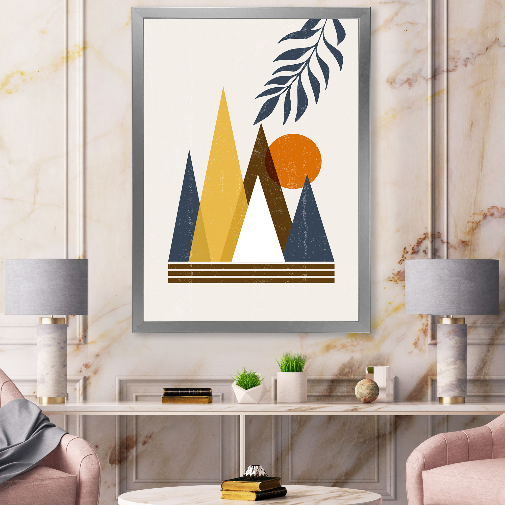 Designart 'Abstract Moon and Sun In Mountains I' Modern Framed Art Print