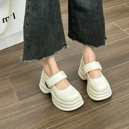 

Women s French-Style Thick-Soled Mary Jane Leather Shoes 2024 Spring and Autumn New Velcro Height-Increasing Big-Toe Muffin Leather Shoes