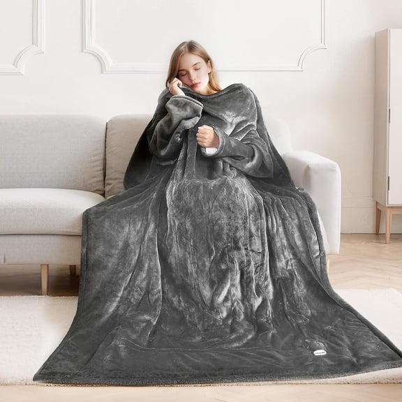 Wearable Electric Heated Throw Blanket with Foot Pocket Sleeves, Portable Robe for Women, 10 Heating Levels, 12H Auto Shut-Off, Washable, 50 x 70 inch,