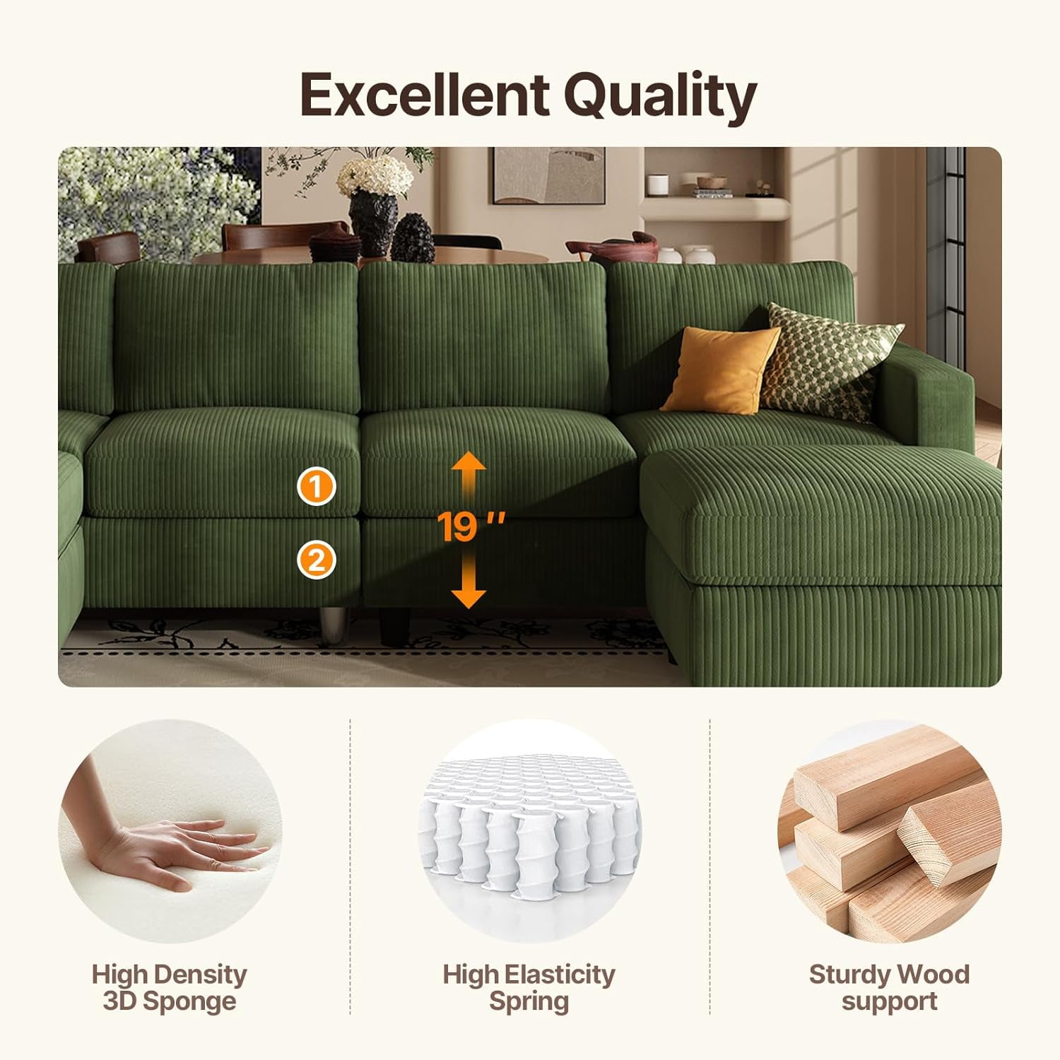 AENKYO U-Shaped Sectional Sofa Couch with 2 Ottomans, Convertible 4-Seat Living Room Furniture with Removable Cushions, Green