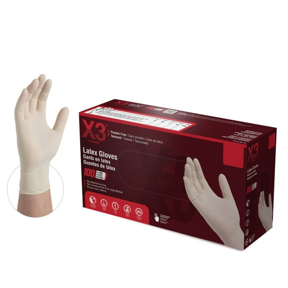 X3 Ivory Industrial Latex Disposable Gloves 3 Mil, Small, Box of 100