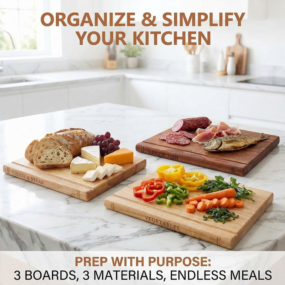 Book Shaped Chopping Board Set with Stand, 3 Piece Solid Wood Cutting Boards for Meat Cheese and Vegetables, Decorative Library Style Kitchen Gift Set