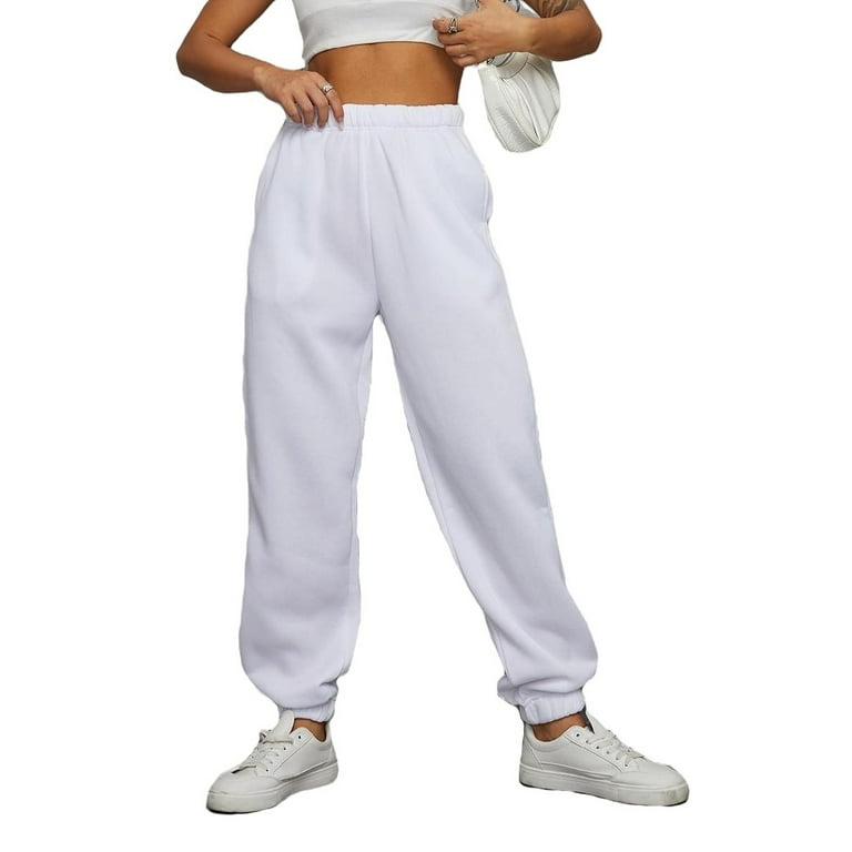 Womens Warm Lined Sweatpants Elastic Waist Slight Stretch Joggers White XS