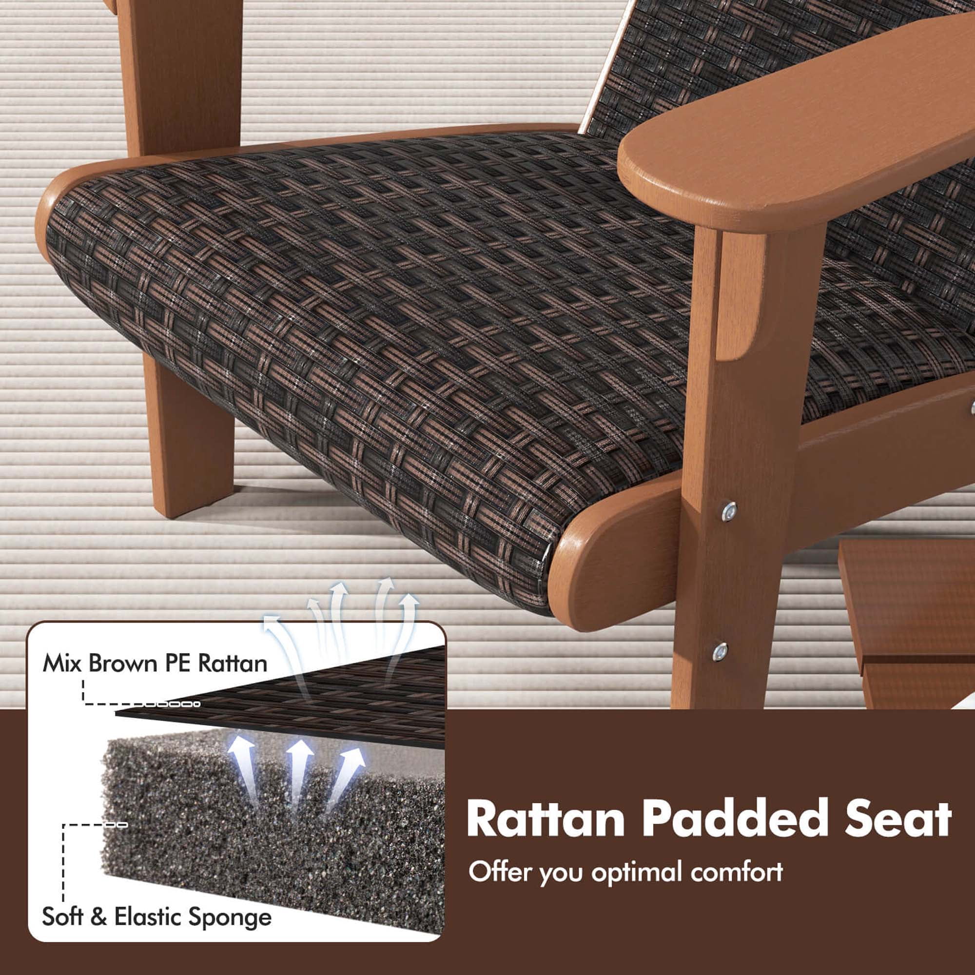 Costway Patio Adirondack Chair with Rattan Padded Seat Wide Armrests & Hidden Cupholder Brown