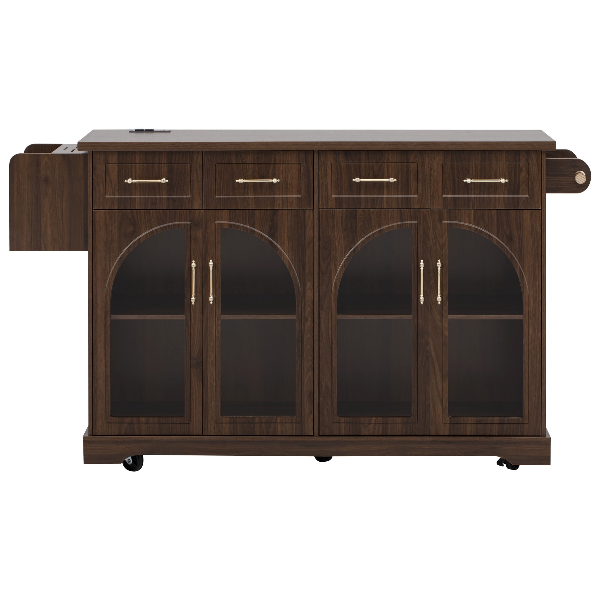 Homy Casa 65.2" Kitchen Island with Storage, Drop Leaf, Power Outlet and Arched Glass Doors, Walnut Brown