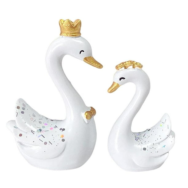 Figuras de cisne coronado en miniatura 3D, esculturas de animales pintadas a mano para la mesa del hogar. Mini blanco