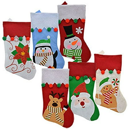 - Set of 6 Pack: Christmas House Felt Christmas Character Stockings with Pom-Pom Embellishments, 18 inch