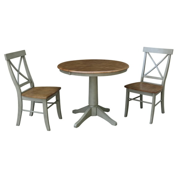 36" Round Solid Wood Extension Dining Table With 2 Cross Back Chairs in Distressed Hickory/Stone by International Concepts