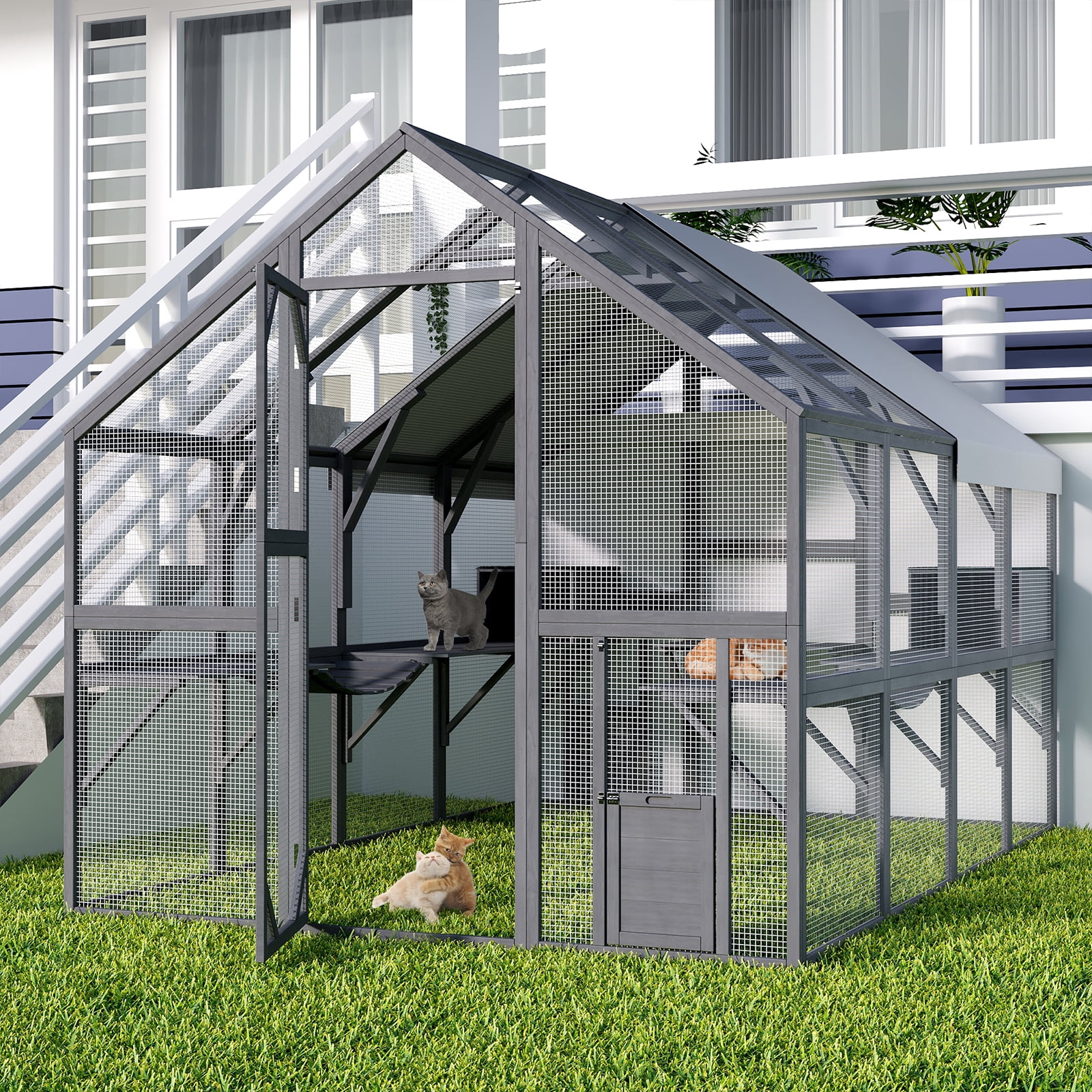 NARTRU 57.2ft² Large Wooden Outdoor Cat House, Cat Run Enclosure Walk in Cat Catio Cage with Enter Door, 2 Cat Doors, Roof Cover