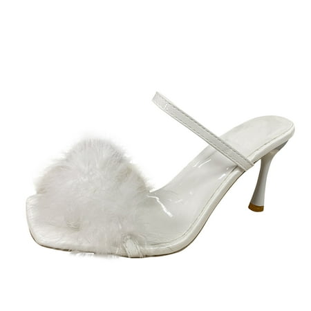 

zuwimk Sandals Women Women s Open Toe Sandal Fluffy Feather Lace Up Strappy High Heel Shoes White