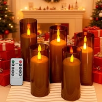 Goyuon Gray LED Flameless Pillar Candles Battery-powered Remote Control and Timer, Set Of 5 (3" D X 4" 5" 6" 8" H) Decorative Candles 3D Flame Lights