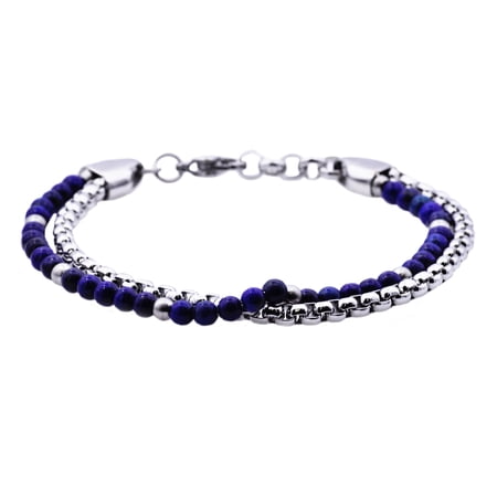 Arista Genuine Lapis Lazuli Men's Beaded Bracelet in Stainless Steel, 8"