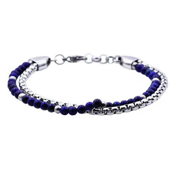 Arista Genuine Lapis Lazuli Men's Beaded Bracelet in Stainless Steel, 8"
