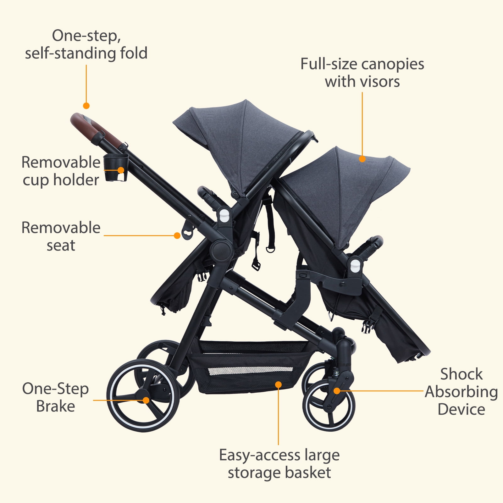 Shininglove Convertible Multi-Use Easy Fold Travel Toddler and Baby Tandem Double Stroller with Safety Harness and Storage Basket