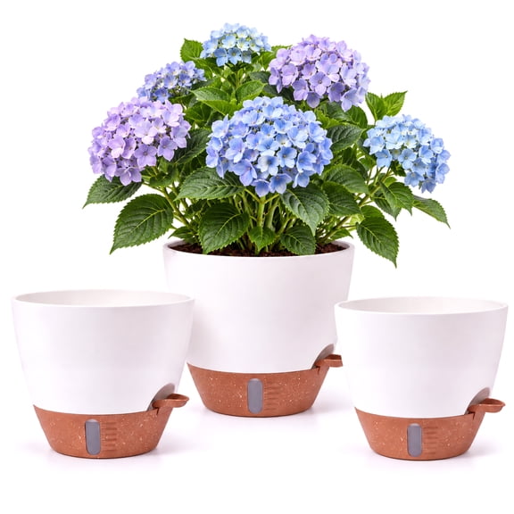 Self Watering Plant Pots, 9/10/12 Inch 3 Pack Flower Pots Planters with Multi Mesh Drainage Holes for Indoor Outdoor Garden Plants and Flowers, White