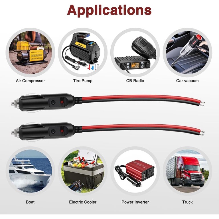 Nilight 2 Pack Cigarette Lighter Plug with Leads, 10A Fuse, Power Adapter