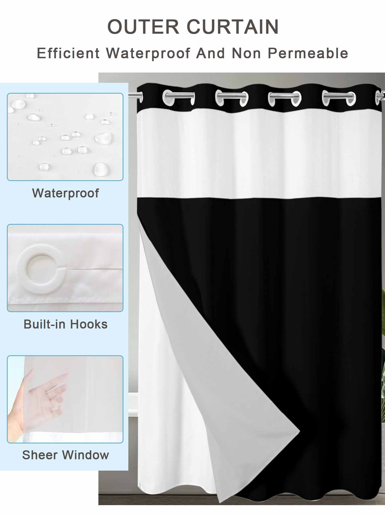 No Hook Shower Curtains with Detachable Snap-in Liner Set, Pure Black Waterproof Hotel Style Bathroom Shower Curtain, Simple Solid Color Breathable Mesh Top Window Bath Curtains 60''x72''