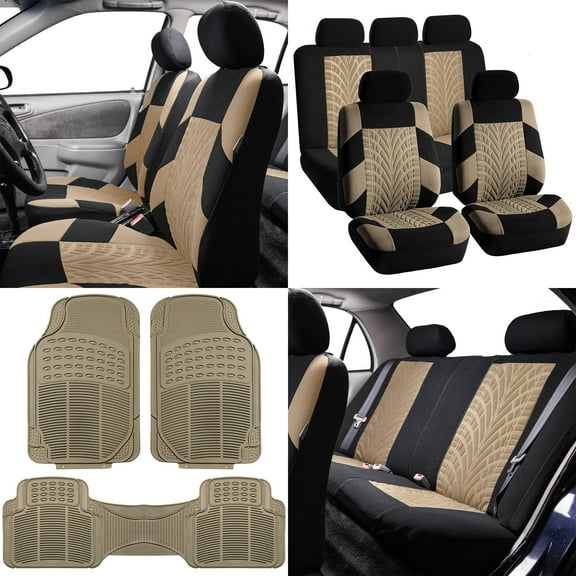 FH Group Beige Universal Auto Seat Covers Full Set for SUV Car w/ Front & Rear Floor Mats