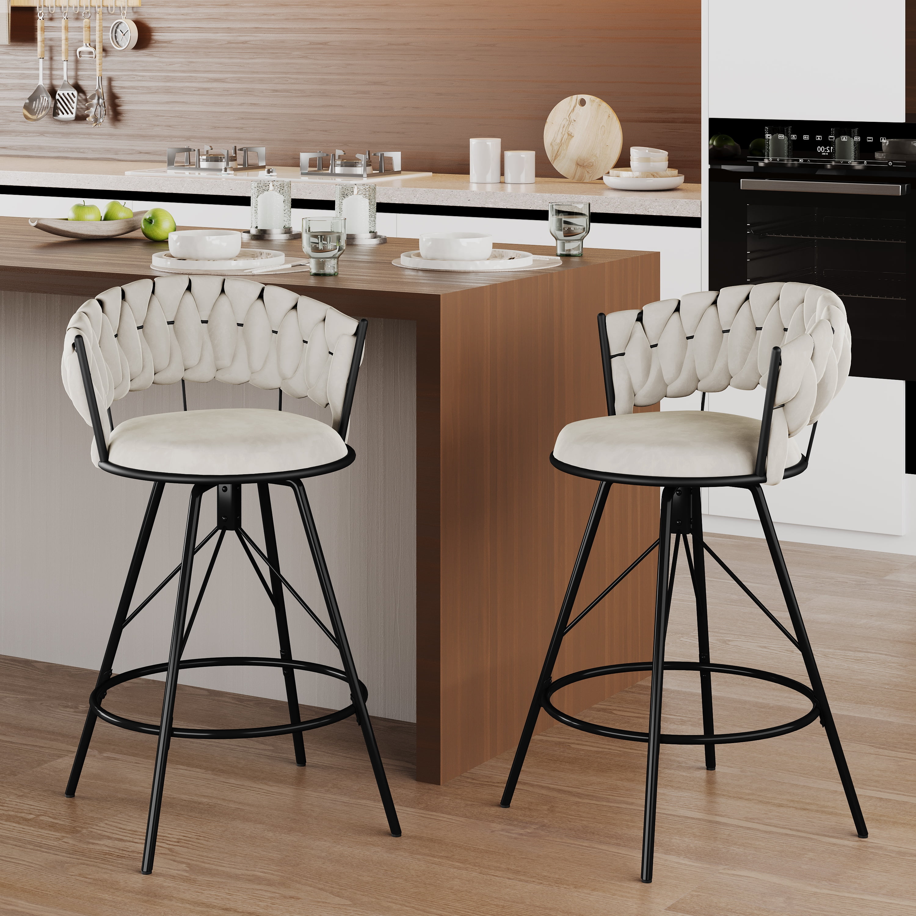 Andeworld 24'' Barstools set of 2, Modern Velvet Bar Stools with Woven Back, Counter Height Barstools with Upholstered Seating, Round Footrest, Ivory
