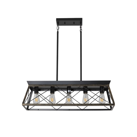 32" Black Gold Industrial 5-Light Pendant Chandelier, Modern Metal Cage Design, Adjustable Hanging Light for Dining Room, Kitchen, Living Room (No Bulbs)