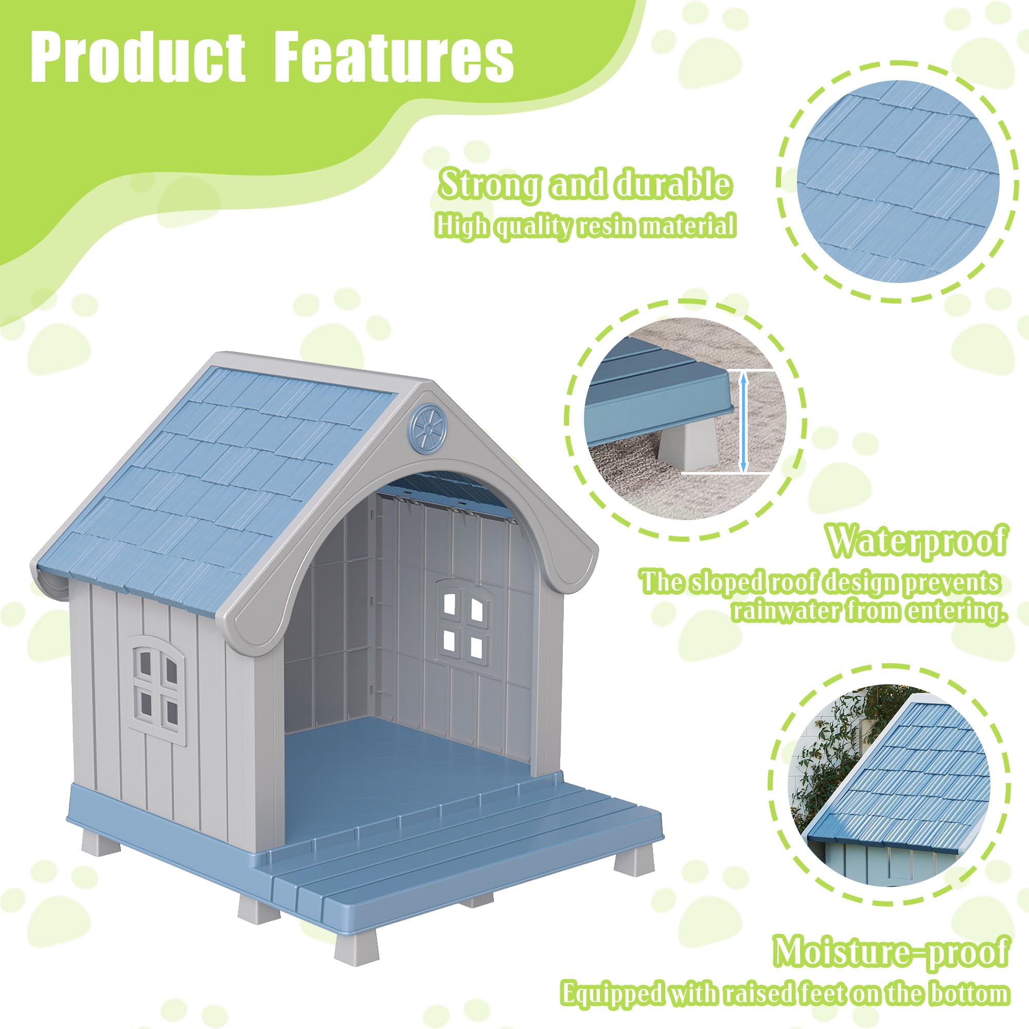 EasyUp Dog House Resin Dog Kennel with Cute Elegant Design & Extended Elevated Floor, Dog Houses for Large Dogs Outside Weatherproof for Indoor & Outdoor Use