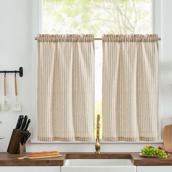 Curtainking Striped Kitchen Curtains Linen Rod Pocket Cafe Curtains Semi-Sheer Rustic Farmhouse Tier Curtains 26x36 inch 2 Panels Tan on Beige