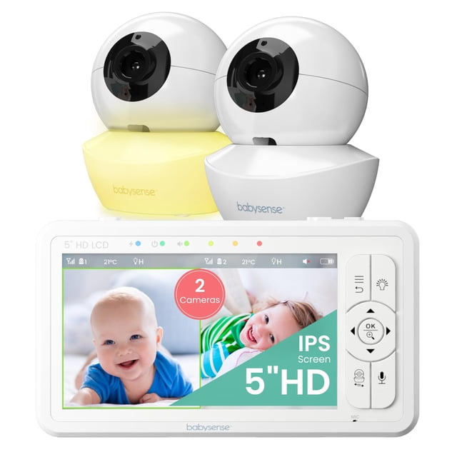 Babysense Monitor para bebés con pantalla dividida HD de 5 pulgadas, monitor para bebés con video con 2 cámaras y audio, luz nocturna, alcance de 1000 pies, audio bidireccional, zoom 4X, visión noctur