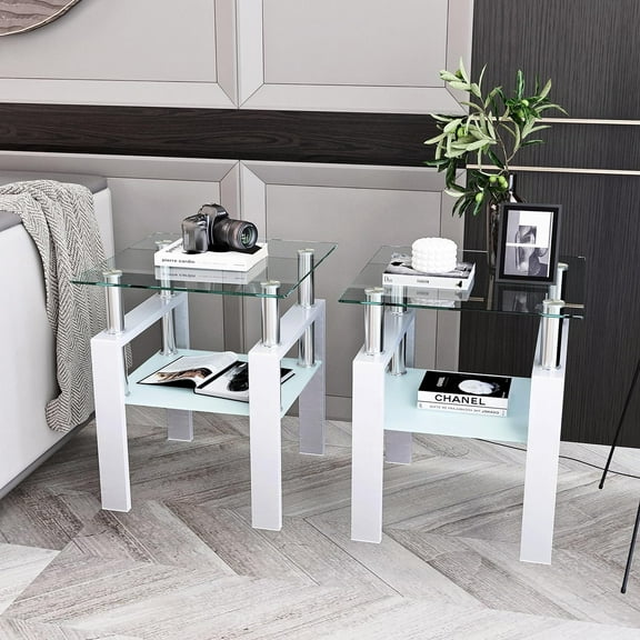 Glass Side Table 2-Tier Modern Glass Top Corner Table Living Room Side Table with Metal Leg for Living Room, Dining Room, Bedroom (White, 2pcs)